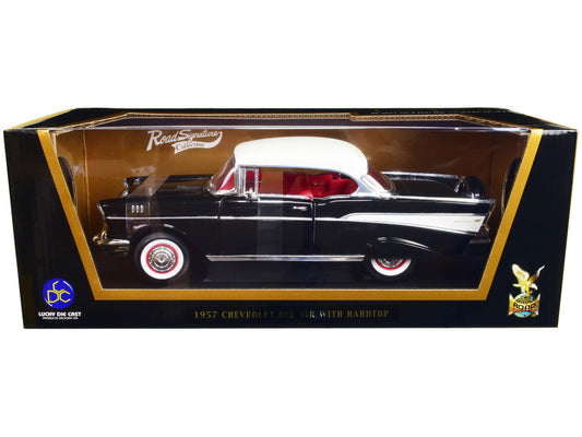 1957 Chevrolet Bel Air Hardtop Black with White Top and Red Interior 1/18 Diecast Model Car by Road Signature by Road Signature