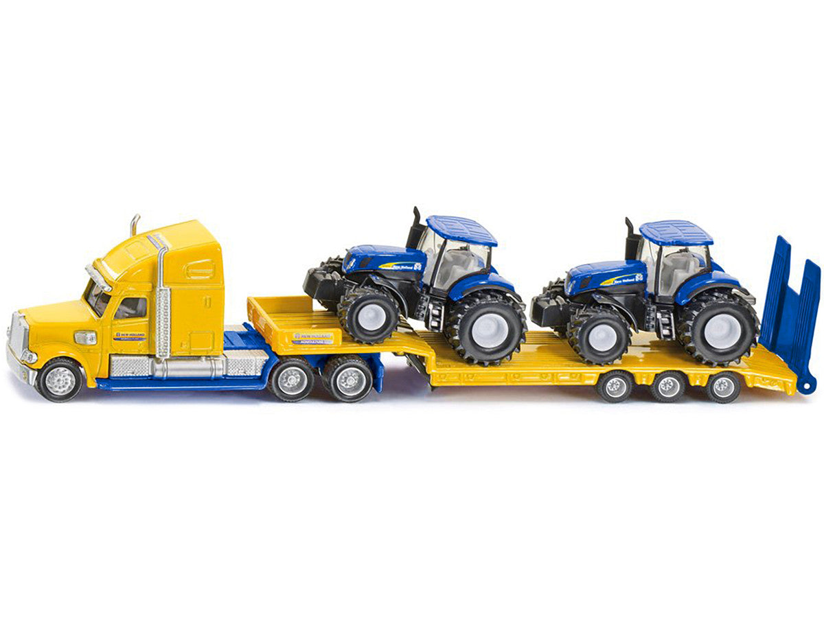 Tractor Truck Yellow with 2 New Holland T7070 Tractors Blue 1/87 (HO) Diecast Models by Siku by SIKU