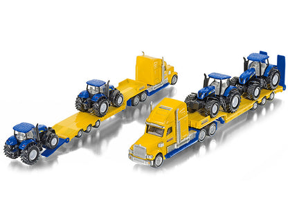Tractor Truck Yellow with 2 New Holland T7070 Tractors Blue 1/87 (HO) Diecast Models by Siku by SIKU