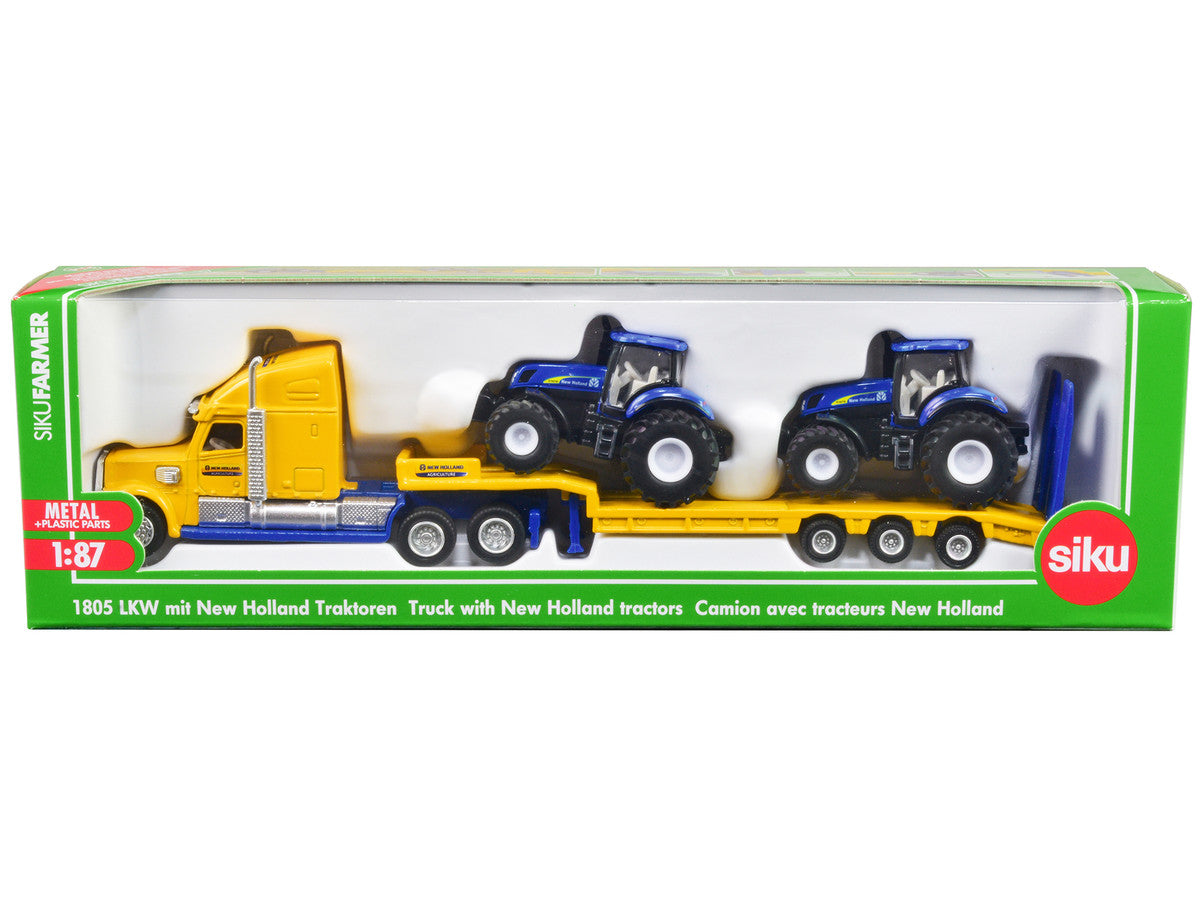 Tractor Truck Yellow with 2 New Holland T7070 Tractors Blue 1/87 (HO) Diecast Models by Siku by SIKU