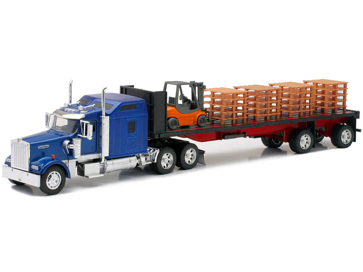 Kenworth W900 Truck with Flatbed Trailer Blue with Forklift and Pallets "Long Haul Truckers" Series 1/32 Diecast Model by New Ray by New Ray