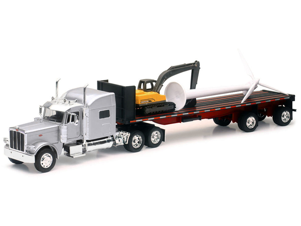 Peterbilt 389 Truck with Flatbed Trailer Silver Metallic with Excavator and Wind Turbine "Long Haul Truckers" Series 1/32 Diecast Model by New Ray by New Ray