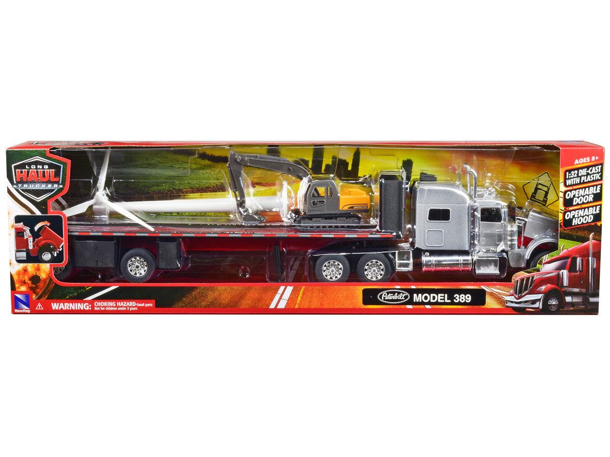 Peterbilt 389 Truck with Flatbed Trailer Silver Metallic with Excavator and Wind Turbine "Long Haul Truckers" Series 1/32 Diecast Model by New Ray by New Ray
