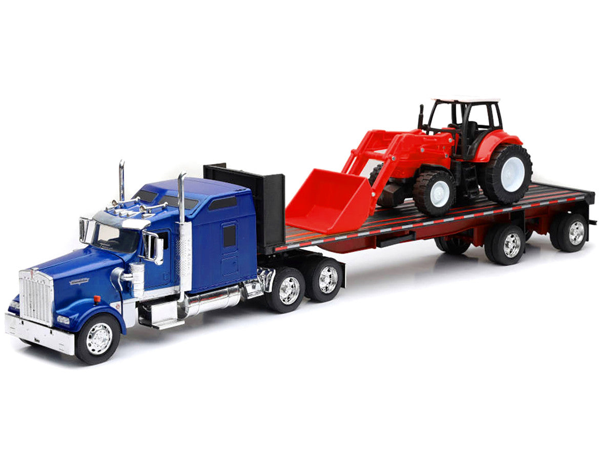 Kenworth W900 Truck with Flatbed Trailer Blue Metallic with Farm Tractor Red "Long Haul Truckers" Series 1/32 Diecast Model by New Ray by New Ray