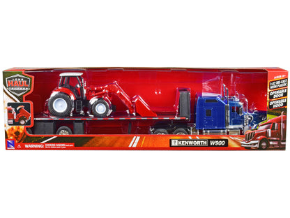 Kenworth W900 Truck with Flatbed Trailer Blue Metallic with Farm Tractor Red "Long Haul Truckers" Series 1/32 Diecast Model by New Ray by New Ray