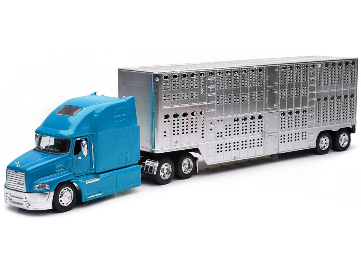 Mack Pinnacle Truck with Pot Belly Livestock Trailer Blue and Chrome "Long Haul Truckers" Series 1/32 Diecast Model by New Ray by New Ray
